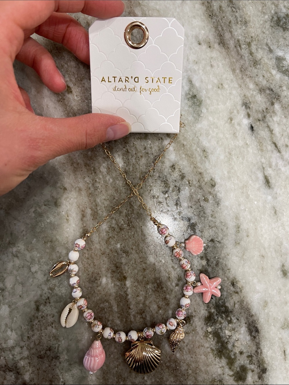 Altar'd State Pink Shell & Starfish Charm Necklace with Gold Chain - Picture 2 of 3